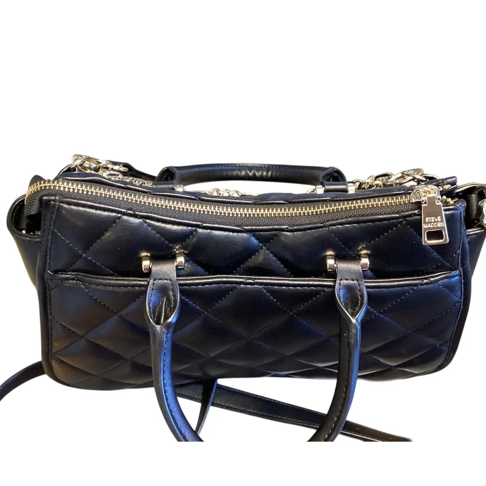 Steve Madden Sparrow Black Quilted Satchel Crossbody‎ Bag Gold Charm Chain New